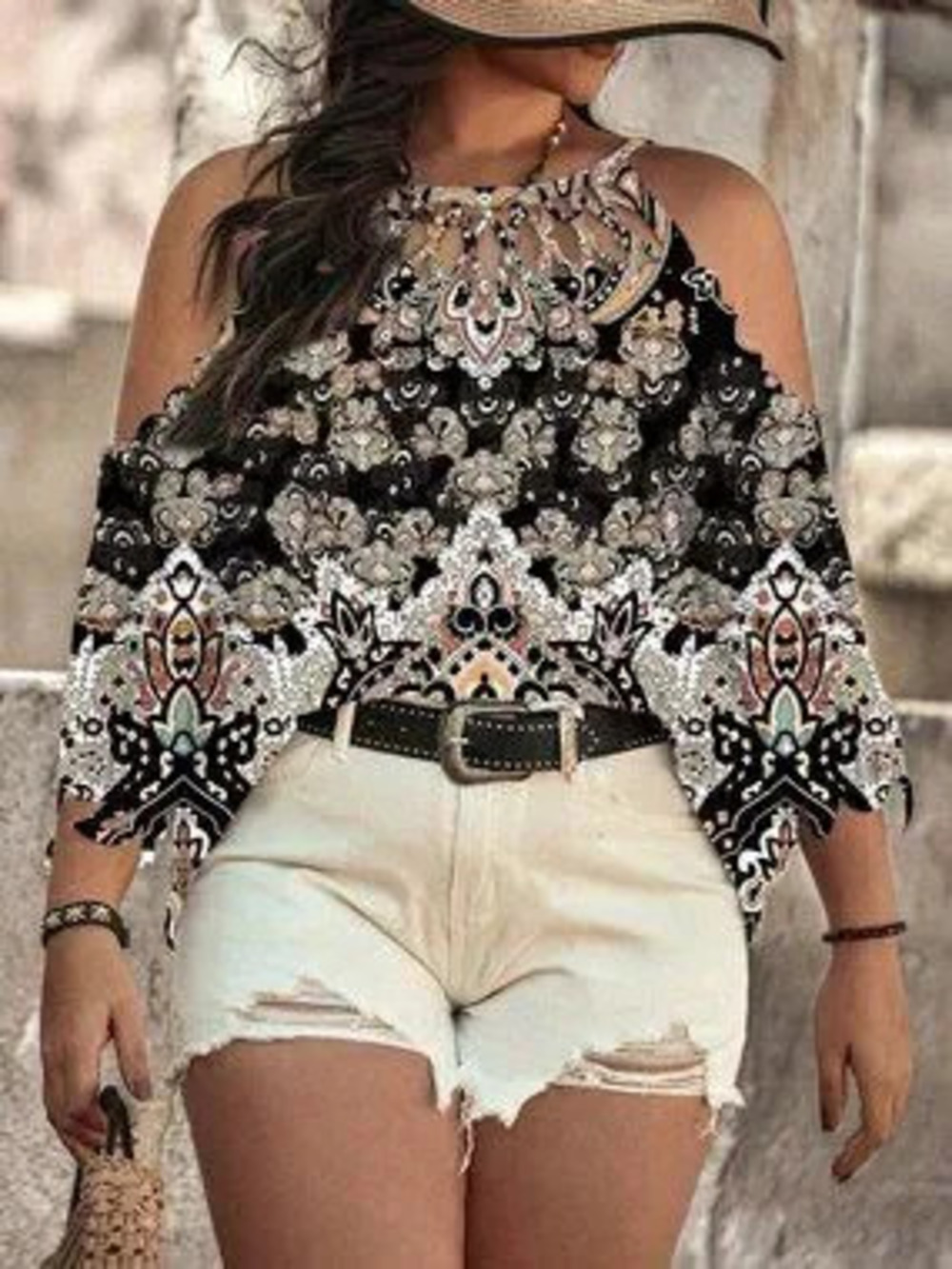 Black Boho Women's Plus Size Woven Camisole Burnout Print Fit Elegant Blouse